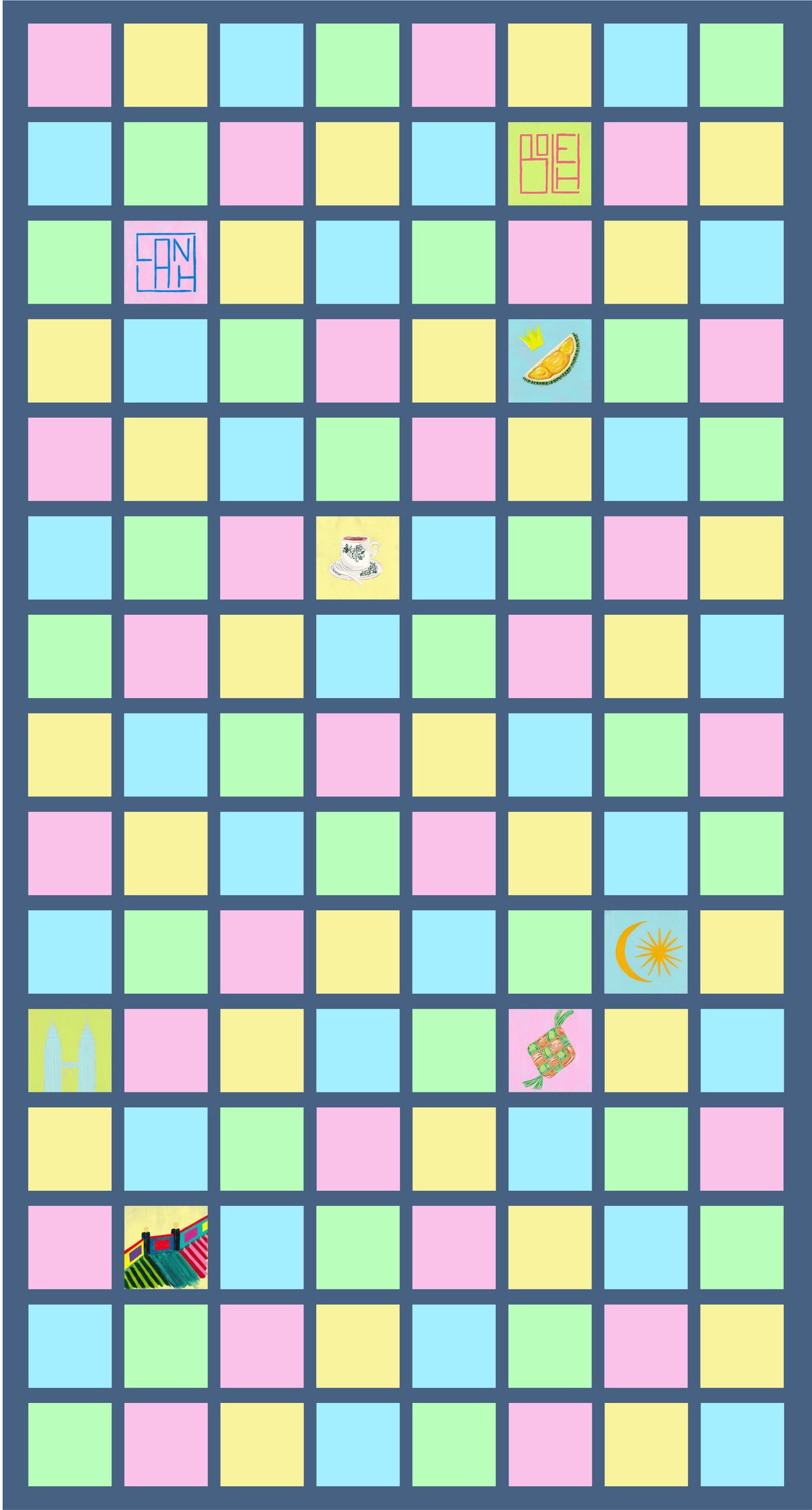 Work-in-progress view of The Feeling of Malaysia collection: a grid of 120 colourful fragments, some painted and many still blank